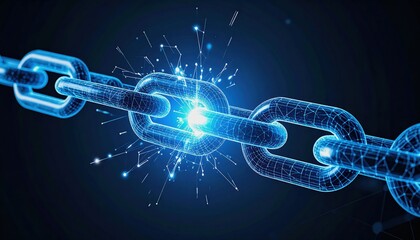 A glowing digital chain link in blue illuminates, symbolizing strength, connection, and blockchain technology with sparks flying around.