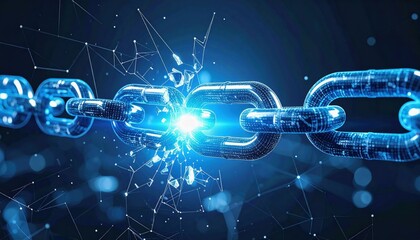 A glowing digital chain link is breaking, symbolizing cybersecurity breach or blockchain vulnerability in a futuristic digital environment.