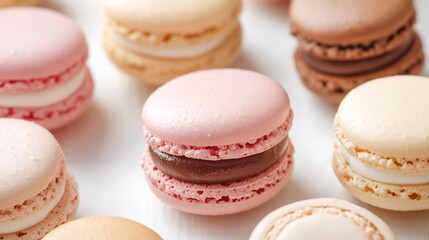Colorful macarons arranged on a white surface, showcasing delightful flavors and textures for dessert lovers