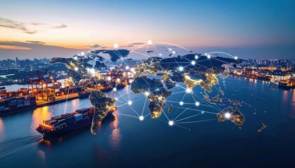 A global digital network concept over a city port at dusk, symbolizing worldwide connectivity and international trade.
