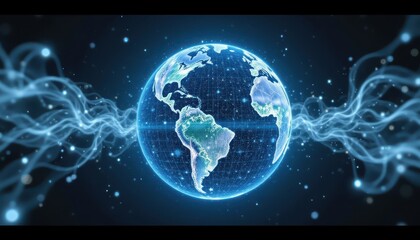 Global network and data exchange, visualizing connections across the world through a blue earth
