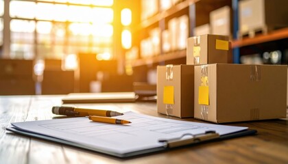 Desk with clipboard, pens, and stacked cardboard boxes in a sunlit warehouse or shipping area.