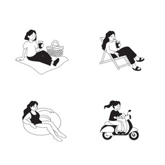 vector illustration of a summer girls, girl on a picnic, swimming pool, girl on a bike and girl on thigh, set of icons