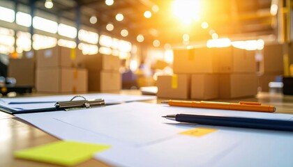 A close-up of a clipboard with documents and pens in a warehouse filled with stacked boxes, illuminated by warm sunlight.