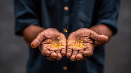 A person hands reaching out and praying with glowing dots representing divinity