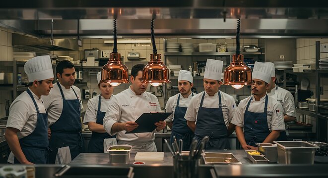 Culinary Collaboration Chefs Huddle Over Recipes in a Professional Kitchen