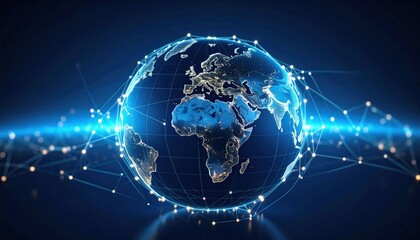 A digital globe depicting Earth with network connections symbolizing global communication and data exchange against a dark blue background.