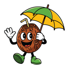 Obraz premium A cheerful cartoon coconut character with a straw sticking out from the top is holding a large green and yellow umbrella