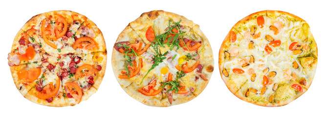 Isolated photo of various three types of pizza on white background.