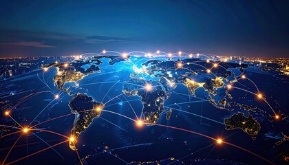 A digital global network map showing interconnected points across continents at night, symbolizing worldwide communication and data exchange.
