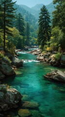 Fototapeta premium Scenic river flows through lush forest surrounded by mountains on a tranquil summer day