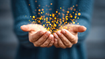 A person hands reaching out and praying with glowing dots representing divinity