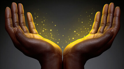 A person hands reaching out and praying with glowing dots representing divinity