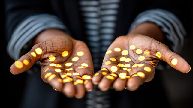 A person hands reaching out and praying with glowing dots representing divinity