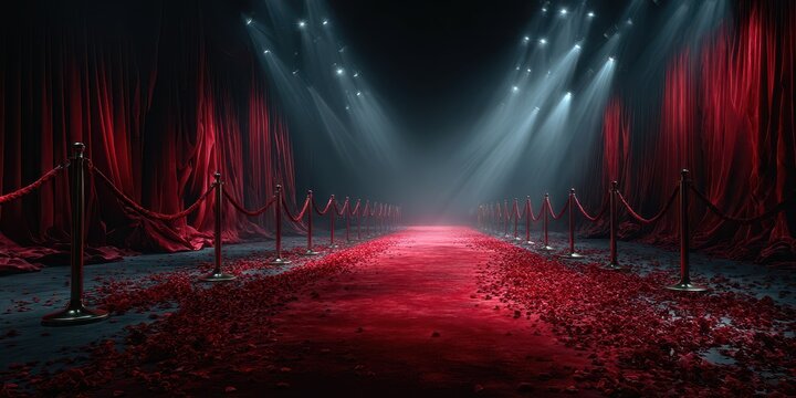 Luxurious red carpet event with flower petals and dramatic lighting creating an elegant atmosphere