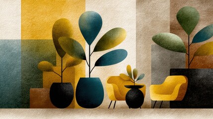 Exquisite still life painting, a serene depiction of vase and plant in harmony elegant