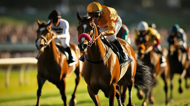 Jockey races fast on a horse, kicking up dust, aiming for the finish line, showcasing speed and strength in exciting equestrian competition. Melbourne Cup