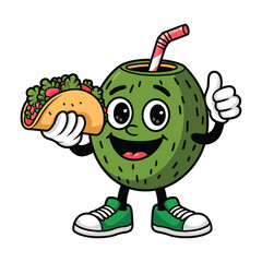 A cheerful green coconut character with big expressive eyes and a friendly smile, holding a taco filled with fresh vegetables in one hand