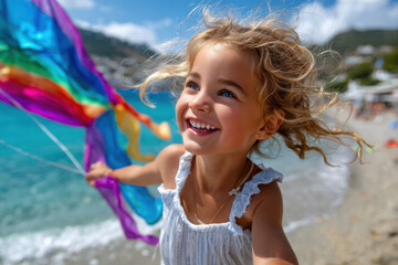 Young child joyfully flying a colorful kite by the beach on a sunny day