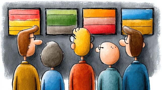 Engaging group explores vibrant content on large interactive screen display, collaborative visual experience