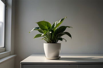 Green houseplant in ceramic pot on a white desk, soft natural lighting through window