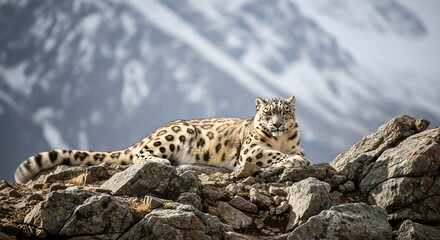Fototapeta premium Snow leopard resting on rocks in mountains wildlife animal predator feline nature conservation big cat