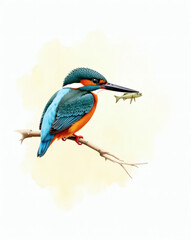 Obraz premium Vibrant kingfisher perched on a branch with a freshly caught fish against a soft backdrop