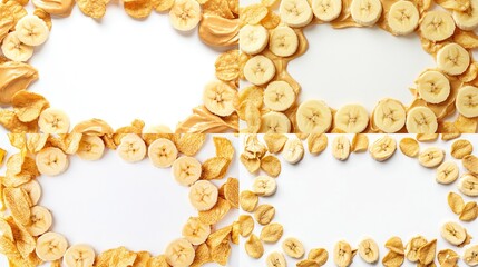 Obraz premium Four circular frames composed of sliced bananas and corn chips, with a smear of peanut butter in between
