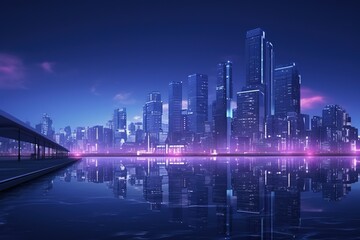 Fototapeta premium Futuristic cyberpunk cityscape with glowing neon holograms and flying cars, ultra detailed 8K sci-fi atmosphere in dark blue and purple lighting, showing advanced technology