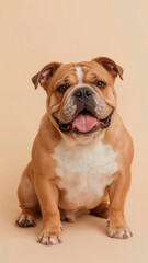 Fototapeta premium A playful, cuddly bulldog with a fluffy, soft coat, featuring a sweet, wrinkled face with a short snout, floppy ears, and a tongue slightly hanging out, showcasing its adorable, endearing expression, 