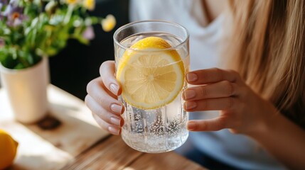 Woman holding glass of water with lemon