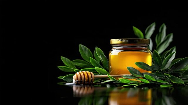 A vibrant jar of honey nestled among fresh green leaves, showcasing natural sweetness and organic ingredients on a black background.