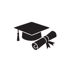 Graduation Cap and Diploma Scroll Silhouette on White Background Vector