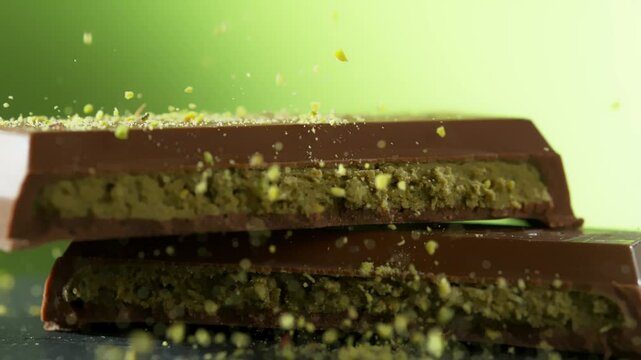 Super Slow Motion of Crushed Pistachios Falling on Dubai Chocolate Pieces at 1000fps.