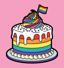 A cute and creative vector illustration of a beautiful, intricately detailed pride cake with a bold outline.