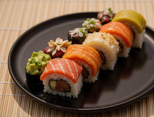Assorted Rainbow Sushi Rolls with Avocado and Garnishes on Black Plate – Japanese Cuisine Close-up