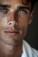 Closeup Portrait Handsome Man Blue Eyes Brown Skin Young Adult Male Model Fashion Photography Studio Shot Serious Expression Intense Gaze Masculine Beauty Skincare Attractive Face guy look cool vibe  