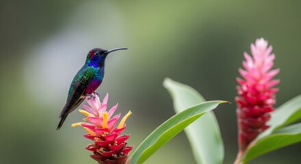 Fototapeta premium Iridescent hummingbird perched on vibrant tropical flower in lush green garden setting nature photography