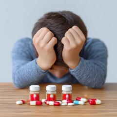 Sad Young Boy With Medicine Bottles and Pills on Wooden Table