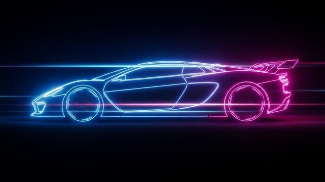 Sleek Neon Car Outline Moving with Speed Lines on Black Background