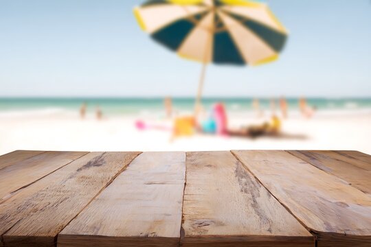 Wooden table on beach scene
