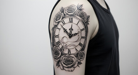 Elegant Tattoo Depicting a Pocket Watch Adorned with Roses on a Person's Arm