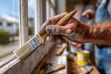 Close-up of weathered hand carefully painting an old window frame with precision, showcasing a detailed brushstroke and craftsmanship in restoring a vintage window.