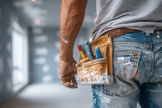 Close-up shot of a handyman with a tool belt, wearing paint-splattered jeans and a gray t-shirt, showing signs of hard work during a home renovation project.