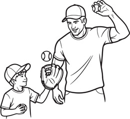 A vector illustration featuring a father and son playing catch with baseball.