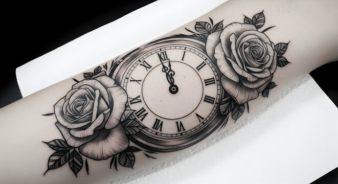 Elegant Tattoo Design Showcasing Clock and Rose Elements on a Forearm
