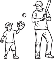 A vector illustration of a dad and his child playing with baseball