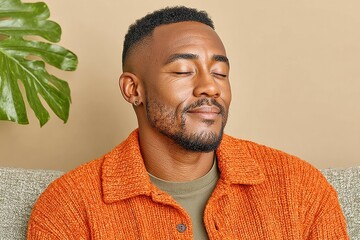 Serene Man in Orange Cardigan Meditating Indoors