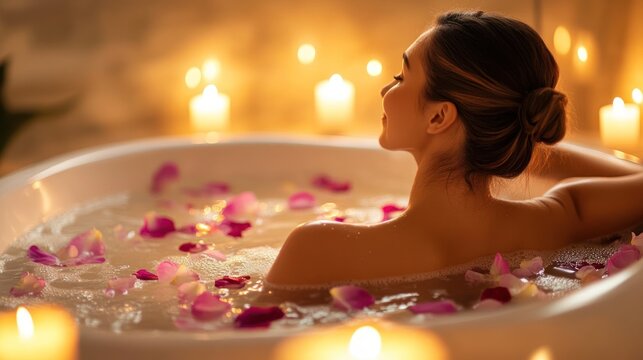 Woman relaxing in a bubble bath with candles and petals - Powered by Adobe