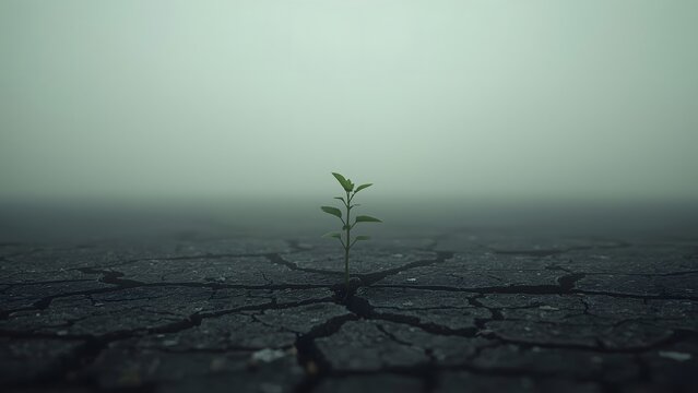 Minimalist scene with a green sprout growing from cracked ash-covered ground. A subtle symbol of rebirth after nuclear catastrophe.